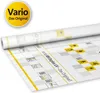 A roll of vapor barrier membrane is shown, partially unrolled, with grid lines and various symbols printed on it. A circular yellow logo with text is in the upper left corner. Produktbild-Vorschau