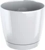 A white plastic plant pot with a saucer, shown from a front-facing angle against a white background. Produktbild-Vorschau