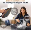 A woman is ironing clothes with a steam iron, with various features of the iron highlighted by text overlays. Produktbild-Vorschau