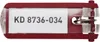 A close-up studio shot of a red key tag with a white label showing text. Produktbild-Vorschau
