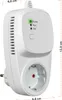 A white electrical adapter with a socket and a plug, showing dimensions and indicator lights. Produktbild-Vorschau