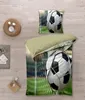 A top-down view of a bedding set with a soccer ball theme, laid out on a wooden floor. Produktbild-Vorschau