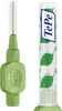 A green interdental brush and its transparent packaging with green leaf patterns. Produktbild-Vorschau
