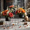 Three black metal plant stands of varying heights, each holding a black pot with a vibrant floral arrangement. The stands are arranged on a grey surface scattered with fallen flower petals. In the background, there are books and decorative vases. Náhľad obrázku produktu