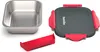 A disassembled heated lunchbox set, including the stainless steel inner container, the lid with red clasps, and a red accessory. Produktbild-Vorschau