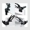 A collage of four close-up images showing the clamping mechanism of a flexible arm holder attached to different surfaces. Podgląd zdjęcia produktu