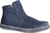 A single blue women's bootie with perforated detailing and a side zipper, shown from a side angle on a white background. Produktbild-Vorschau