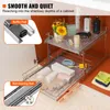 A two-tier pull-out cabinet organizer is shown inside a cabinet, with some items placed on the shelves. Close-up insets highlight the buffer pad and ball-bearing rail features. Anteprima dell’immagine prodotto