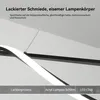 Close-up of a modern black and white pendant light with text overlays describing its features. Produktbild-Vorschau