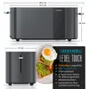 A toaster and a plate of toast with an egg are shown with dimensions and feature callouts. Podgląd zdjęcia produktu