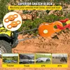 A yellow ATV is stuck in the mud, with a snatch block and winch cable attached, suggesting a recovery operation. The background shows a rocky, arid landscape with green bushes. Four smaller inset images at the bottom show a tractor, a truck, a UTV, and an  Náhled obrázku produktu