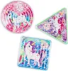 Three unicorn-themed maze games in different shapes (round, triangle, square) on a white background. Produktbild-Vorschau