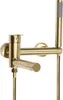 A close-up studio shot of a gold-colored bathtub faucet with a handheld showerhead. Podgląd zdjęcia produktu