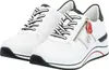 A pair of white women's sneakers with black laces and red accents. Produktbild-Vorschau