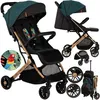 A collage of images showcasing a baby stroller in different configurations and close-ups of its features, along with a graphic of a parrot. Produktbild-Vorschau
