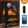 A black electric fireplace with a simulated flame effect, a remote control, and a smartphone app interface shown next to it. Produktbild-Vorschau