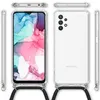 Multiple views of a clear phone case with a black lanyard attached to a Samsung Galaxy A13 phone. Produktbild-Vorschau