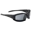 A pair of black protective glasses with gray lenses, shown from the side against a white background. Produktbild-Vorschau