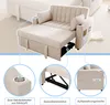 A beige sofa bed is shown with various features highlighted through close-up insets and dashed lines. Voir les images du produit