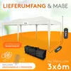 A white pop-up tent is shown with dimensions and included accessories. The background is split between white and orange. Produktbild-Vorschau
