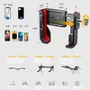 A collage of images showing a bike phone holder, its dimensions, compatible phone sizes, and examples of handlebars it can attach to. Produktbild-Vorschau
