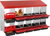 A chicken nesting box with multiple compartments and a chicken inside one of the compartments. Náhled obrázku produktu