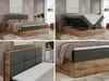 A collage of four images showcasing a boxspring bed with storage, a close-up of the mattress, and a detail of the headboard and wooden frame. Produktbild-Vorschau