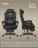 A size chart for a gaming chair with front and side views, along with dimension labels and recommended user specifications. Produktbild-Vorschau