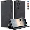 A black flip case for a Samsung Galaxy S25 Plus phone is shown, with the phone inside and displaying its screen. Produktbild-Vorschau