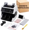 A money counting machine and its accessories are displayed on a white background, with a cardboard box in the background. Produktbild-Vorschau