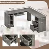 A diagram showing the dimensions of an L-shaped desk, with close-up views of drawers. Produktbild-Vorschau