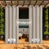 Outdoor curtains are shown installed on a pergola, with a seating area visible behind them. Voir les images du produit