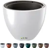 A white planter with a dark interior, shown with a row of smaller planters in various colors below. The brand logo is visible on the planter. Produktbild-Vorschau