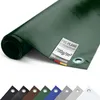 A rolled-up green PVC tarp is shown, with a label indicating its specifications and quality. Voir les images du produit