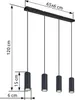 A diagram showing the dimensions of a black pendant light fixture with four cylindrical lamps. Náhled obrázku produktu
