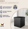 A black storage ottoman is shown in a room with sheer curtains and a plant in the background. Text overlays highlight product features. Produktbild-Vorschau