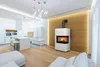 A modern living room and kitchen area with a white fireplace. Produktbild-Vorschau