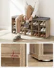 A person is shown tying their shoe while sitting on a shoe storage bench. Insets show close-ups of the bench's construction and adjustable feet. Náhled obrázku produktu