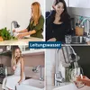 A collage of four images showing people using a water filter faucet attachment in a kitchen setting. Produktbild-Vorschau