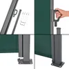 A collage of four images showing details of a dark green retractable side awning, including its mounting hardware, handle, and base. Produktbild-Vorschau