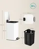 A white pedal trash can with its dimensions and an internal black bin, along with a capacity indicator. Produktbild-Vorschau