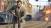 A man in a suit holding a rifle on train tracks with an explosion in the background. Produktbild-Vorschau
