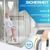 A woman sits on a shower stool in a modern bathroom, with text overlays highlighting product features and target users. Produktbild-Vorschau