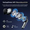 An exploded view diagram of a wireless earbud, highlighting its internal components and sound quality features. Produktbild-Vorschau
