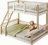 A white and natural wood bunk bed with a green blanket and a stuffed lion toy. Produktbild-Vorschau