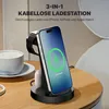 A 3-in-1 wireless charging station with an iPhone, Apple Watch, and AirPods on a wooden table next to a cup of coffee. Produktbild-Vorschau