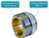 A close-up view of a metal adapter with text labels pointing to its different threaded ends. Produktbild-Vorschau