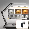 A black adjustable LED desk lamp is shown with various lighting modes and brightness levels demonstrated. A USB controller is also visible. Produktbild-Vorschau
