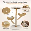 A cat tree with multiple levels, baskets, and platforms, featuring natural wood and sisal rope. Inset images highlight specific features like the dangling ball, cushion platform, natural basket, and sisal rope. Produktbild-Vorschau
