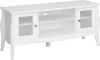 A white TV stand with glass doors and shelves. Podgląd zdjęcia produktu